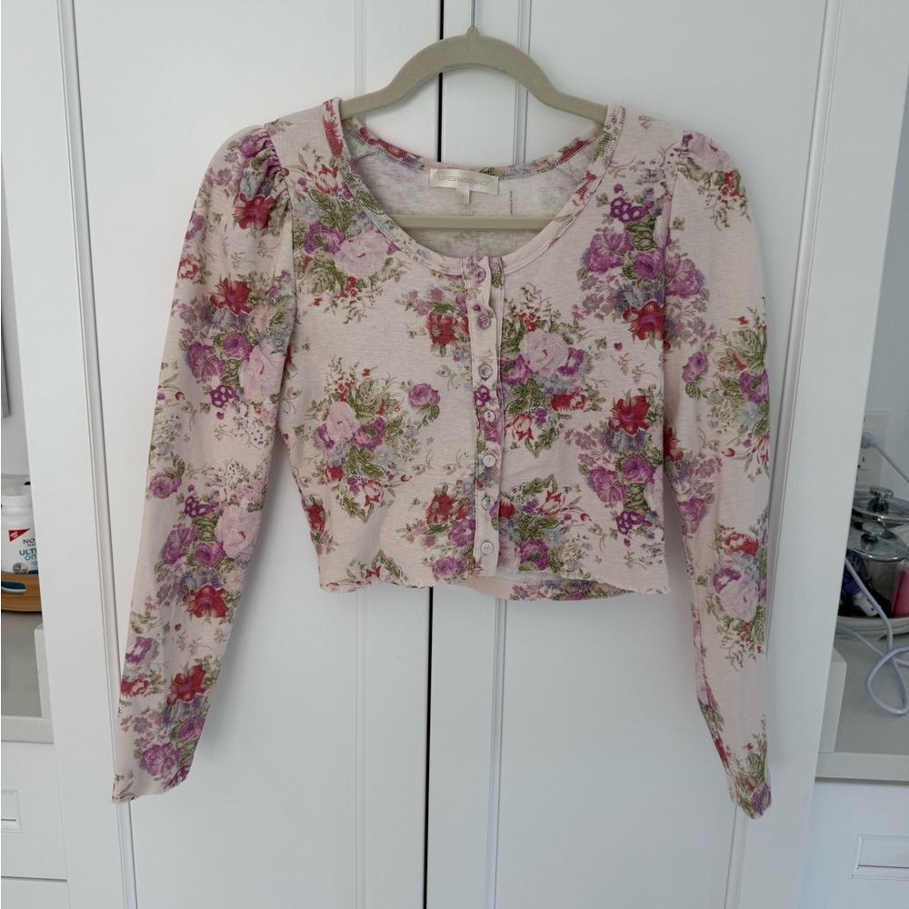 LoveShackFancy Floral Blouse - Cream, Pink, and Green
